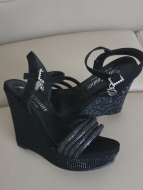 Women’s Black Wedge Sandals with Ankle Strap Size 6M